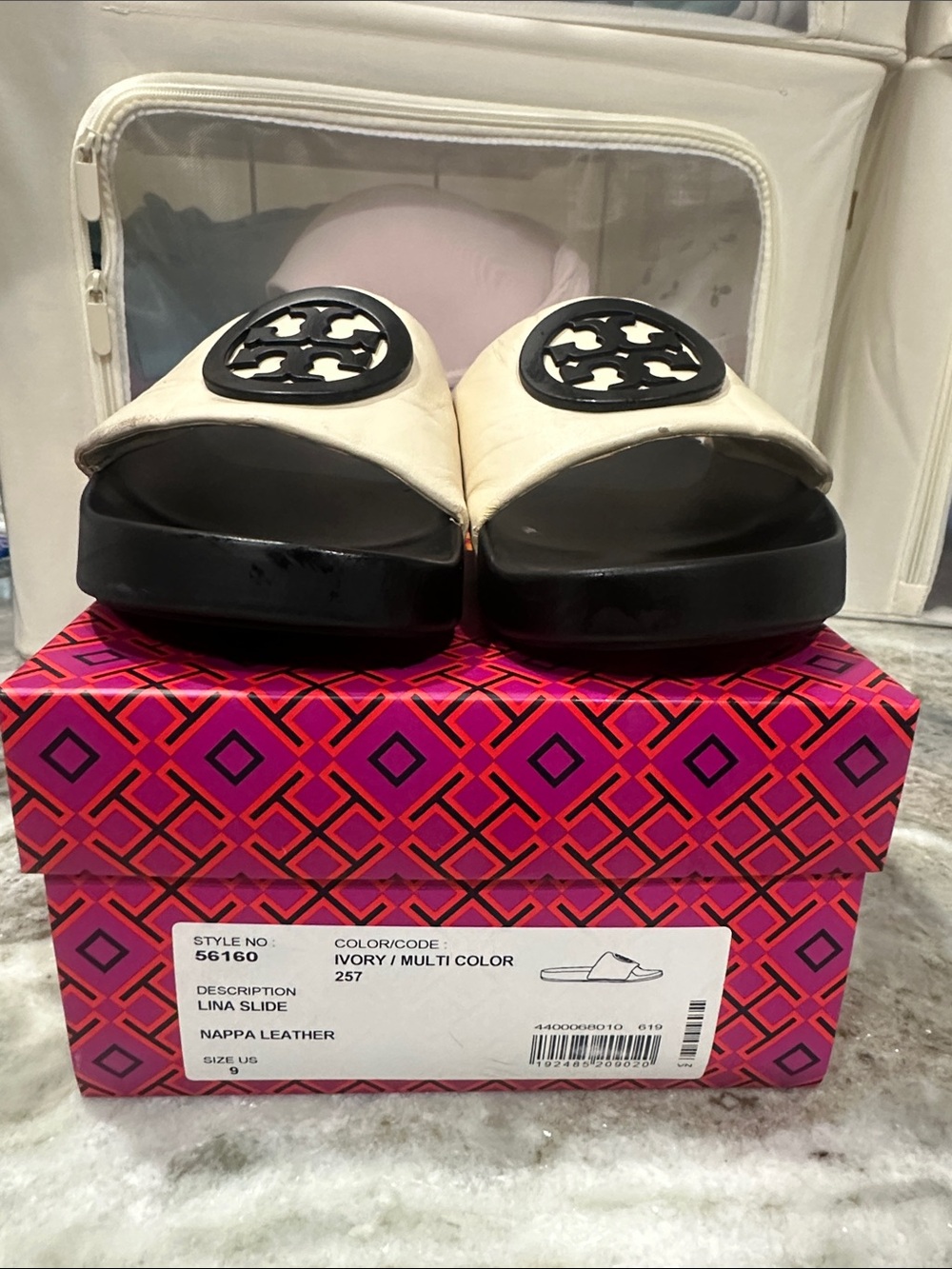 Authentic Tory Burch Ivory and Black Slide Sandals with Logo Medallion size 9